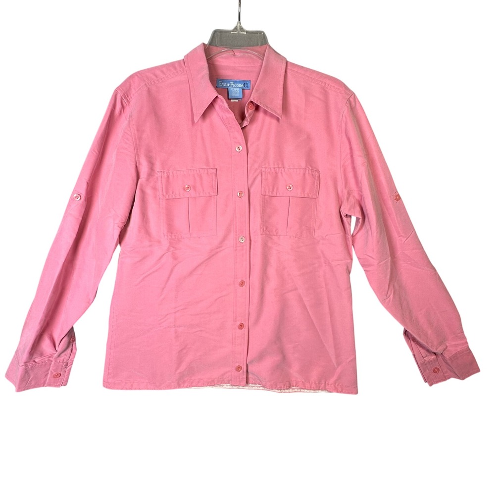 Evan-Picone Casual Pink Button Down Roll Tab Sleeve Shirt Small Coquette Top